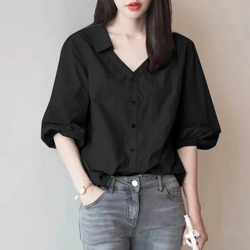 (image for)  Women's Blouse Commute New Fashion Lantern Sleeve V-Neck Lapel Solid Office Top Shirt
