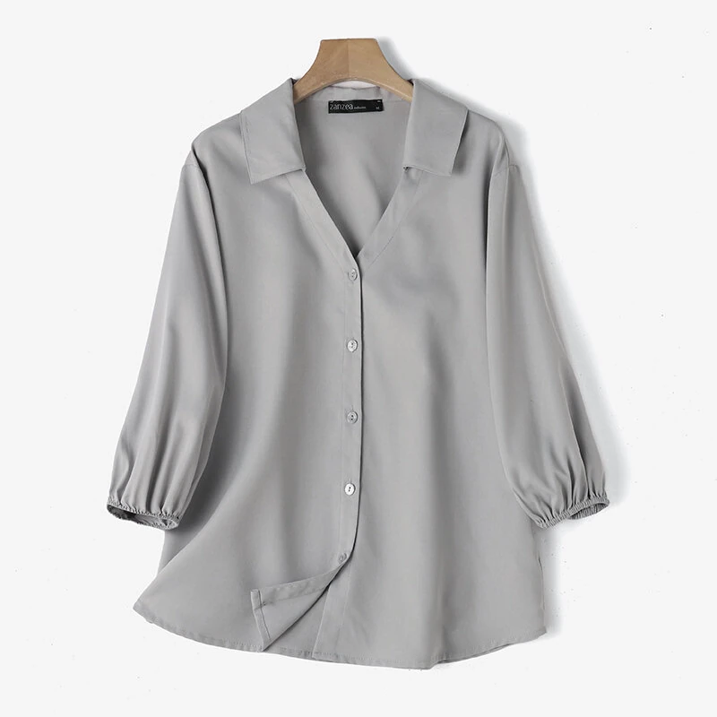 (image for)  Women's Blouse Commute New Fashion Lantern Sleeve V-Neck Lapel Solid Office Top Shirt