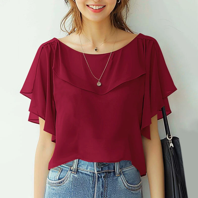(image for)  Women's Blouse Elegant Ruffle Sleeve Solid Crew Neck Plain Summer Shirt Pullover Top