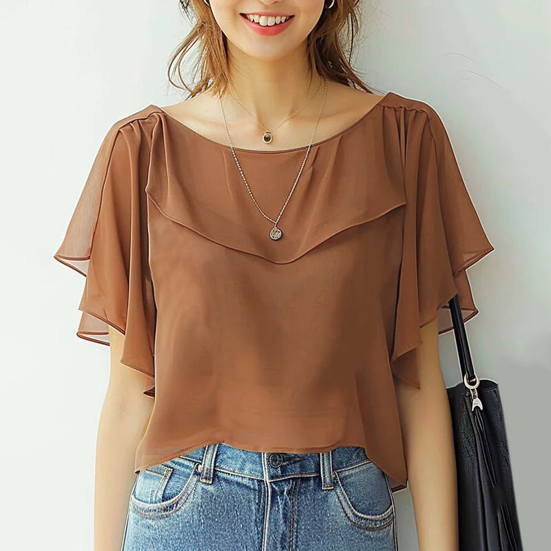 (image for)  Women's Blouse Elegant Ruffle Sleeve Solid Crew Neck Plain Summer Shirt Pullover Top