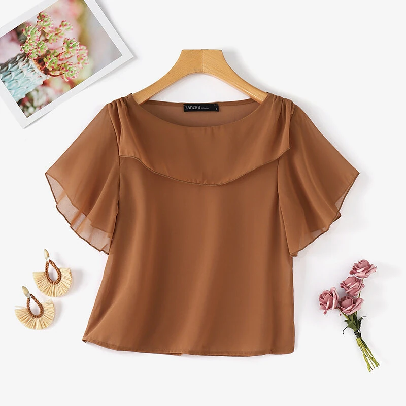 (image for)  Women's Blouse Elegant Ruffle Sleeve Solid Crew Neck Plain Summer Shirt Pullover Top