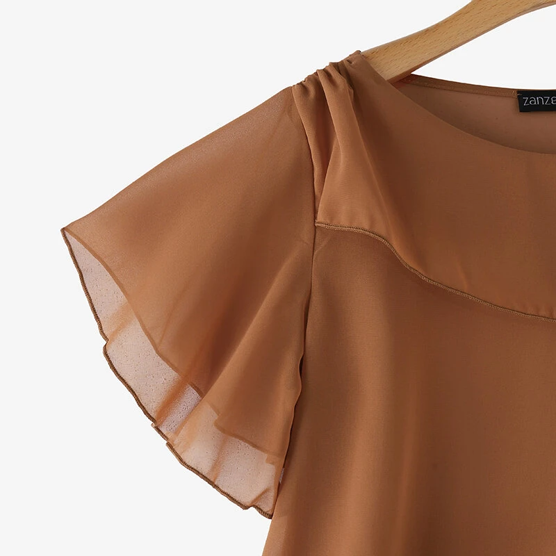 (image for)  Women's Blouse Elegant Ruffle Sleeve Solid Crew Neck Plain Summer Shirt Pullover Top