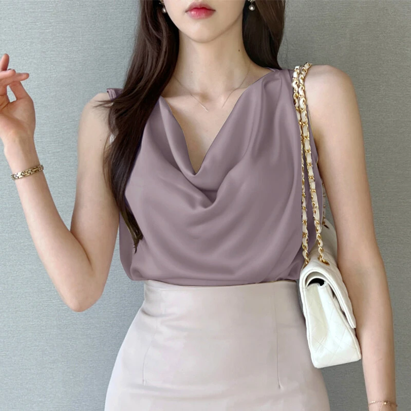 (image for)  Women's Blouses Elegant Cowl Neck Tanks Tops Office Work Sleeveless Satin Camisoles
