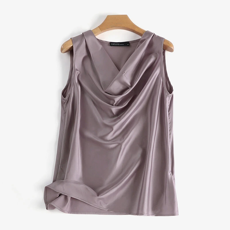(image for)  Women's Blouses Elegant Cowl Neck Tanks Tops Office Work Sleeveless Satin Camisoles