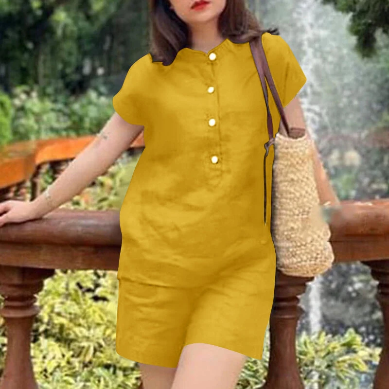 (image for)  Womens Casual 2pcs Sets Short Sleeve Top Blouse Elastic Waist Pants Loose Suits