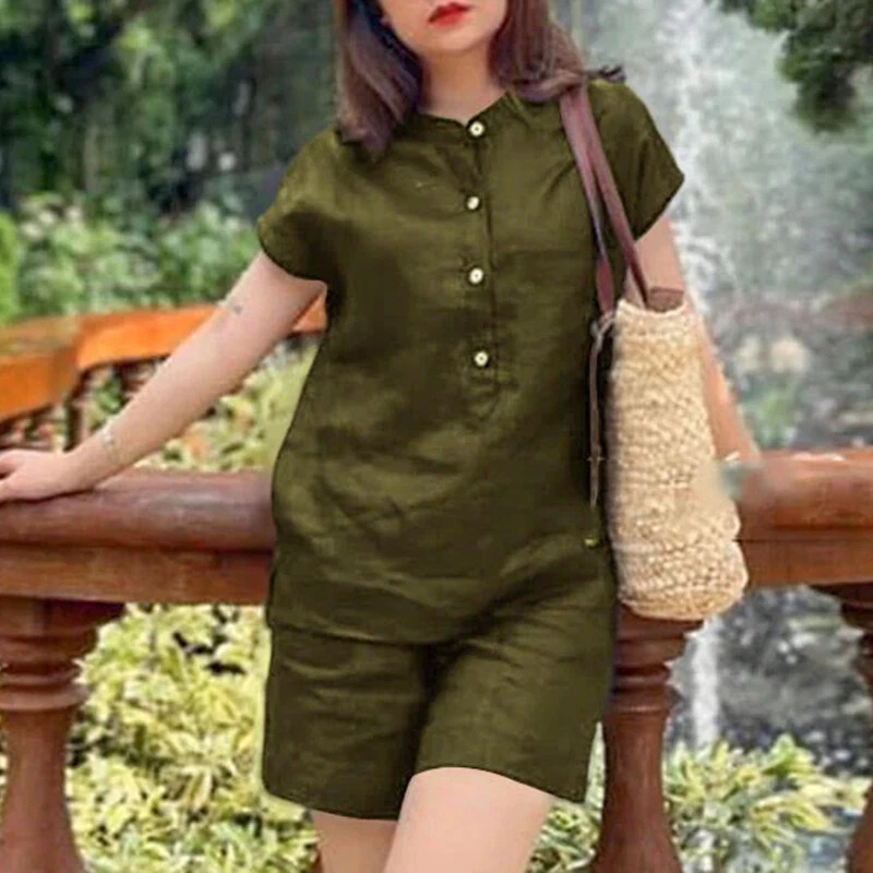 (image for)  Womens Casual 2pcs Sets Short Sleeve Top Blouse Elastic Waist Pants Loose Suits
