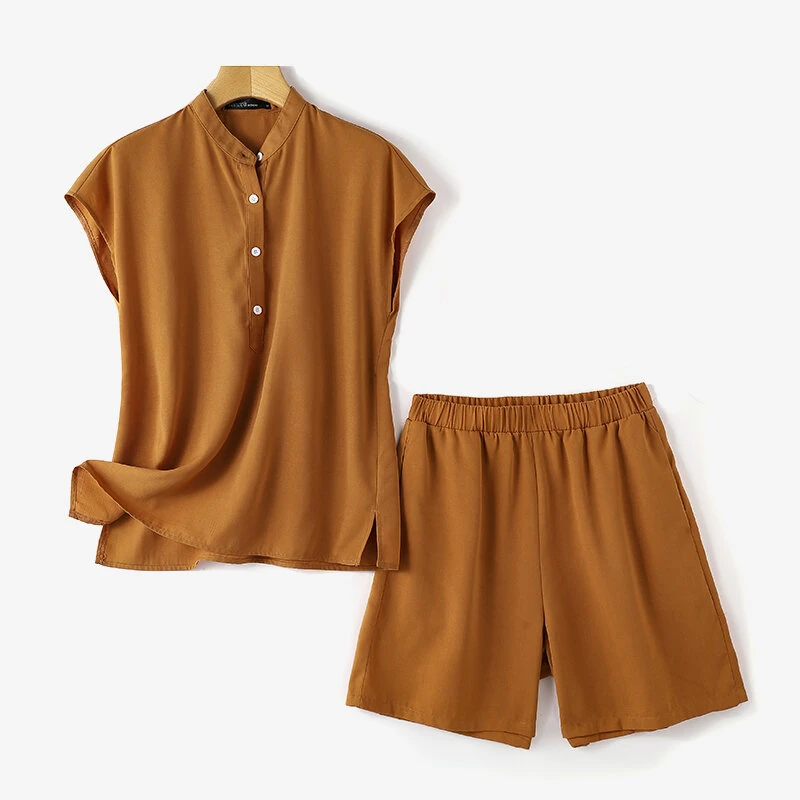 (image for)  Womens Casual 2pcs Sets Short Sleeve Top Blouse Elastic Waist Pants Loose Suits