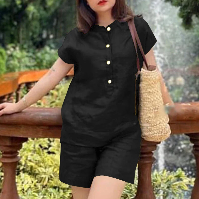 (image for)  Womens Casual 2pcs Sets Short Sleeve Top Blouse Elastic Waist Pants Loose Suits