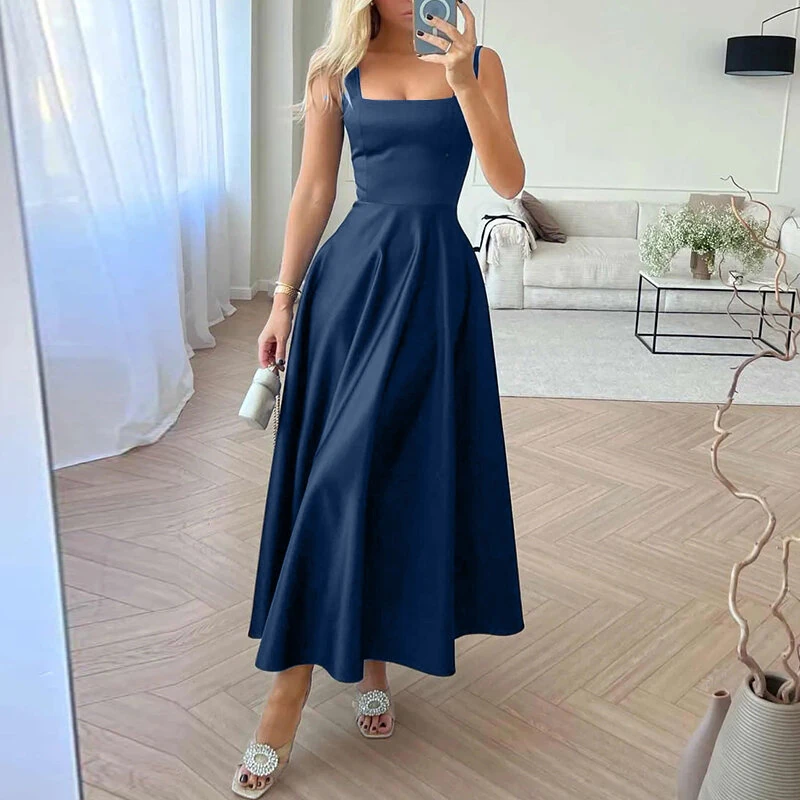 (image for)  Womens Collect Waist A-Line Sundress Elegant Party Square Neck Tank Dress