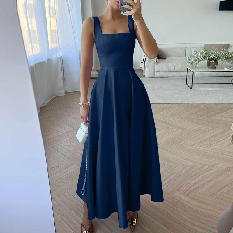 (image for)  Womens Collect Waist A-Line Sundress Elegant Party Square Neck Tank Dress
