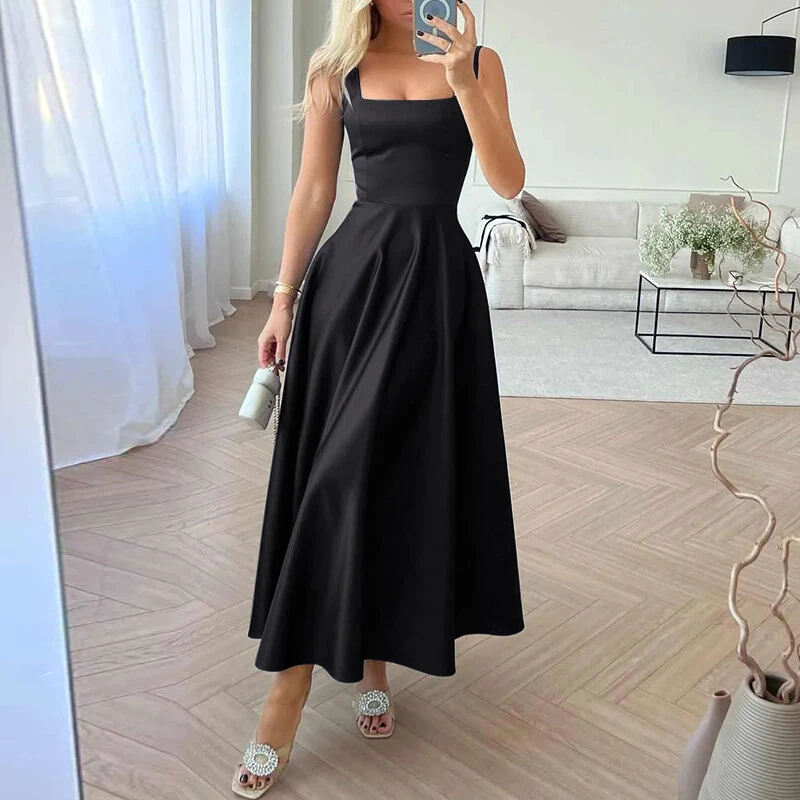 (image for)  Womens Collect Waist A-Line Sundress Elegant Party Square Neck Tank Dress