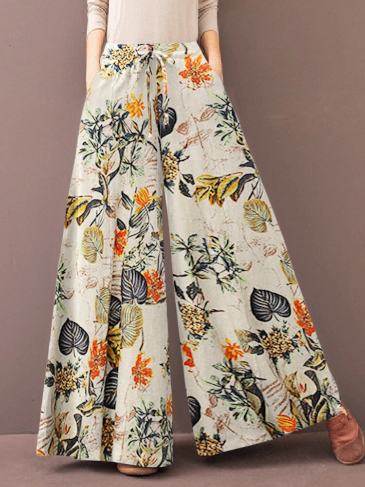 (image for)  Women's Culottes Loose Wide Leg Pants Floral Graphic Elastic Waist Palazzo Pants Business Casual Cropped Trousers with Pockets