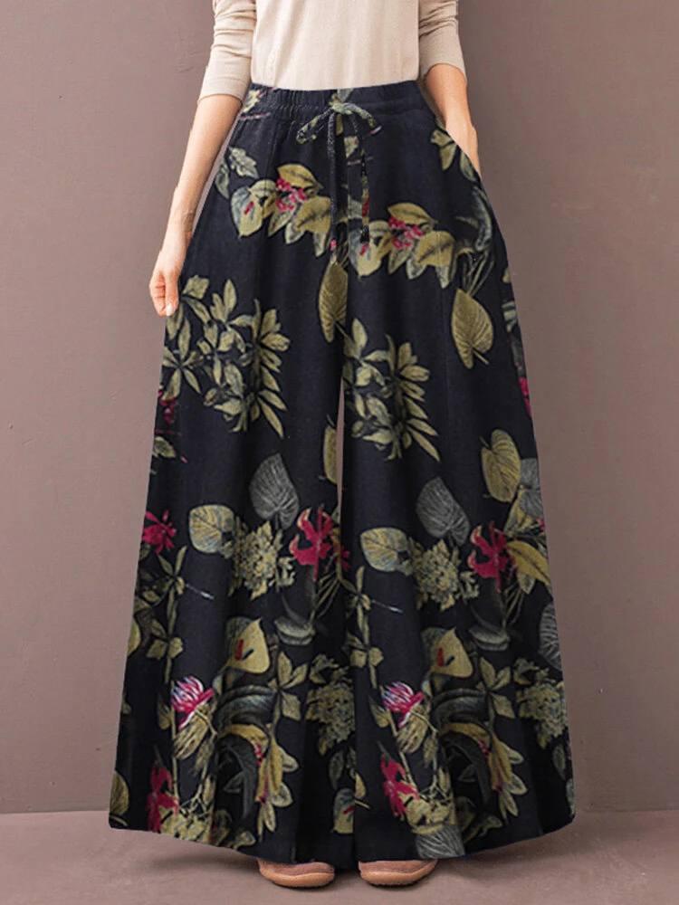 (image for)  Women's Culottes Loose Wide Leg Pants Floral Graphic Elastic Waist Palazzo Pants Business Casual Cropped Trousers with Pockets