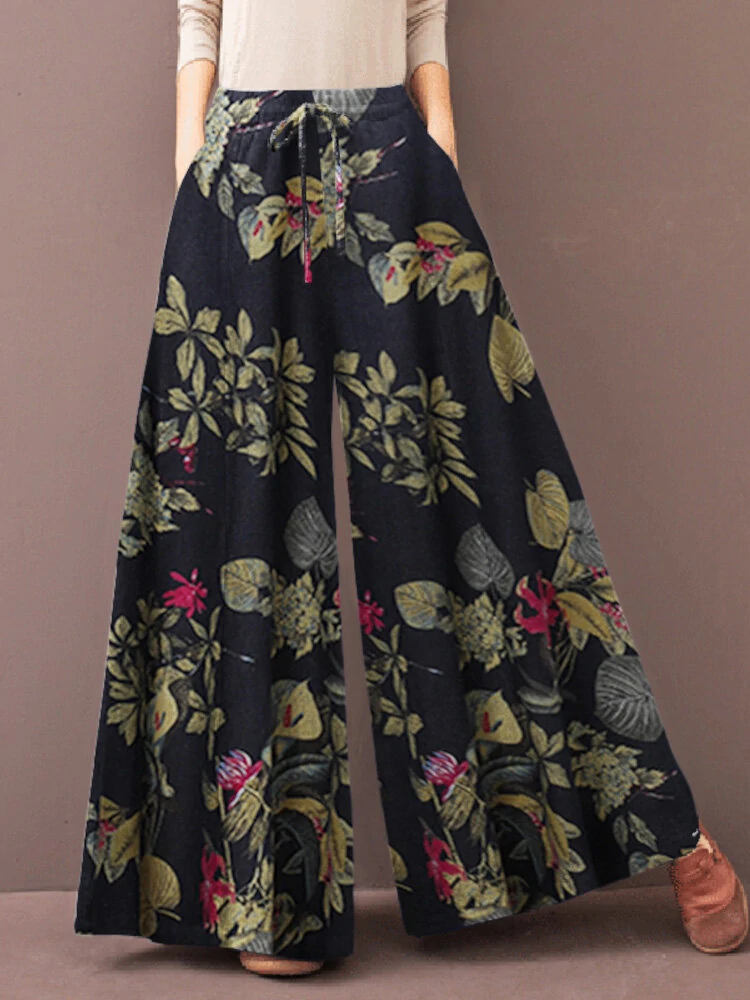 (image for)  Women's Culottes Loose Wide Leg Pants Floral Graphic Elastic Waist Palazzo Pants Business Casual Cropped Trousers with Pockets