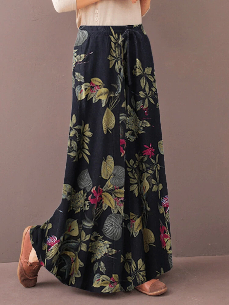 (image for)  Women's Culottes Loose Wide Leg Pants Floral Graphic Elastic Waist Palazzo Pants Business Casual Cropped Trousers with Pockets