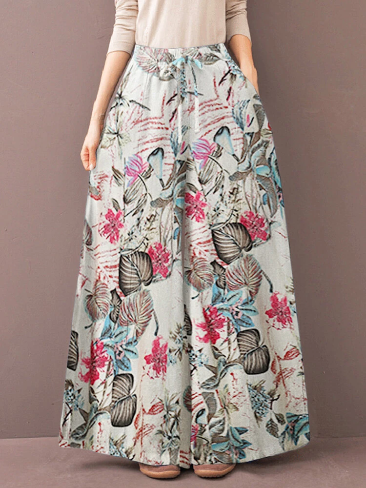 (image for)  Women's Culottes Loose Wide Leg Pants Floral Graphic Elastic Waist Palazzo Pants Business Casual Cropped Trousers with Pockets