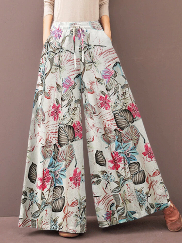 (image for)  Women's Culottes Loose Wide Leg Pants Floral Graphic Elastic Waist Palazzo Pants Business Casual Cropped Trousers with Pockets