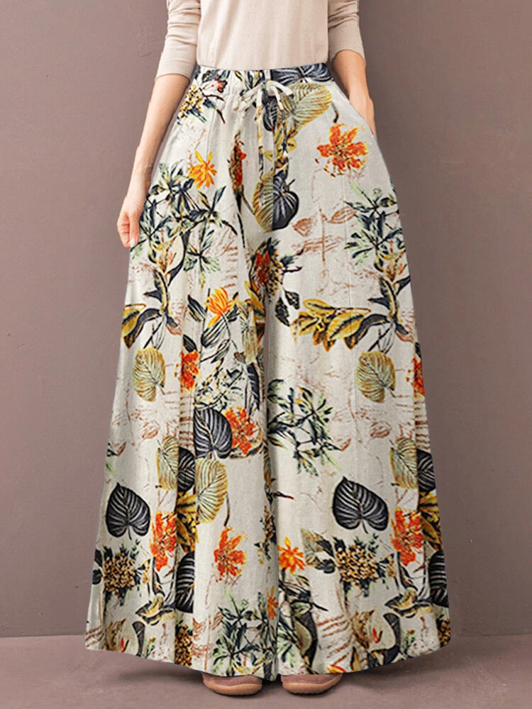 (image for)  Women's Culottes Loose Wide Leg Pants Floral Graphic Elastic Waist Palazzo Pants Business Casual Cropped Trousers with Pockets