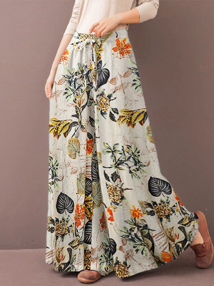 (image for)  Women's Culottes Loose Wide Leg Pants Floral Graphic Elastic Waist Palazzo Pants Business Casual Cropped Trousers with Pockets