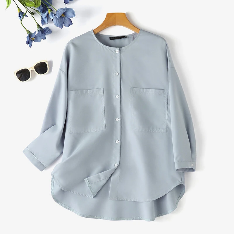 (image for)  Womens Daily Casual Crew Neck Puff Sleeve Shirts Office Lady Button Up Solid Blouses with Pockets