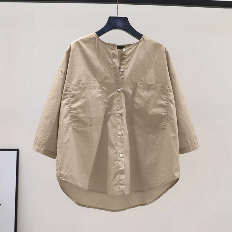 (image for)  Womens Daily Casual Crew Neck Puff Sleeve Shirts Office Lady Button Up Solid Blouses with Pockets