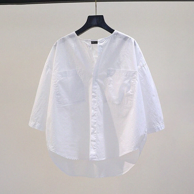 (image for)  Womens Daily Casual Crew Neck Puff Sleeve Shirts Office Lady Button Up Solid Blouses with Pockets