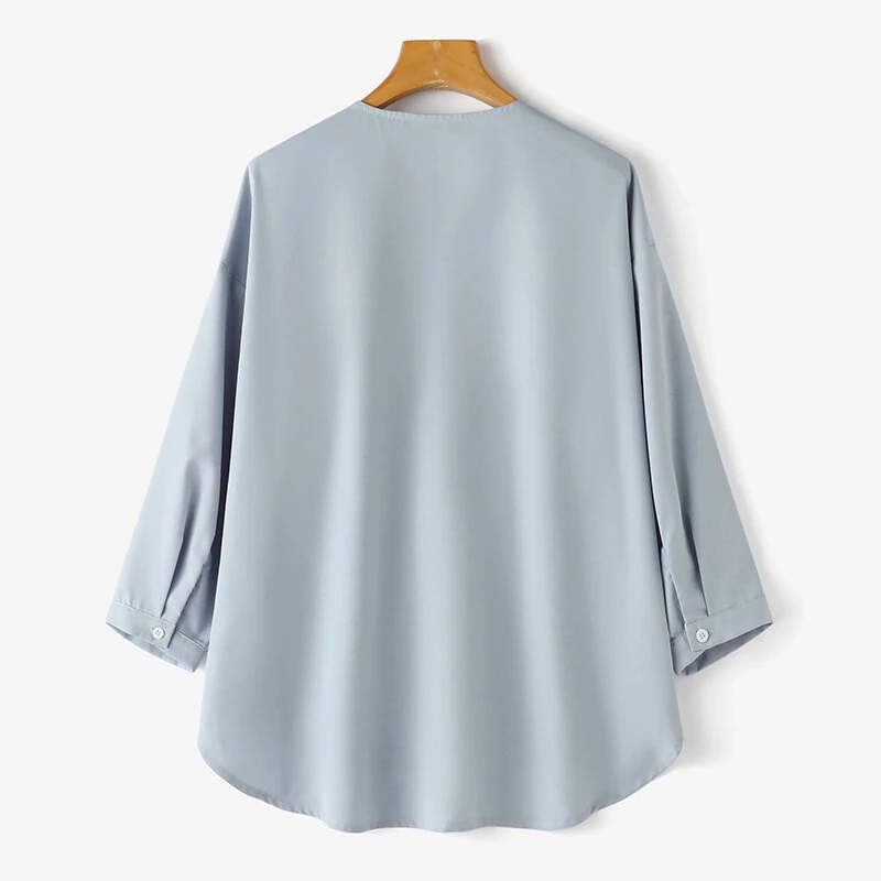 (image for)  Womens Daily Casual Crew Neck Puff Sleeve Shirts Office Lady Button Up Solid Blouses with Pockets