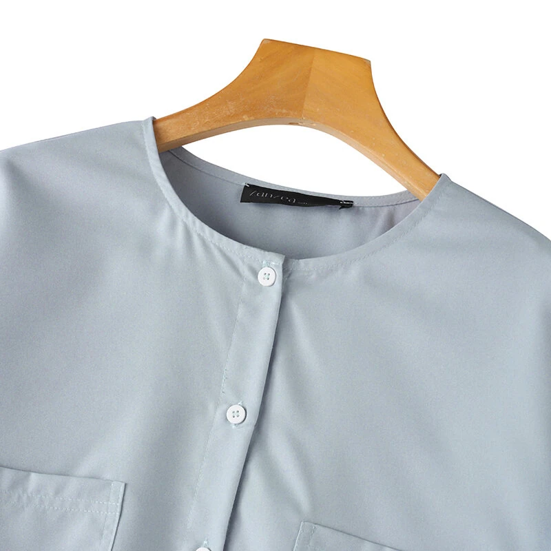 (image for)  Womens Daily Casual Crew Neck Puff Sleeve Shirts Office Lady Button Up Solid Blouses with Pockets