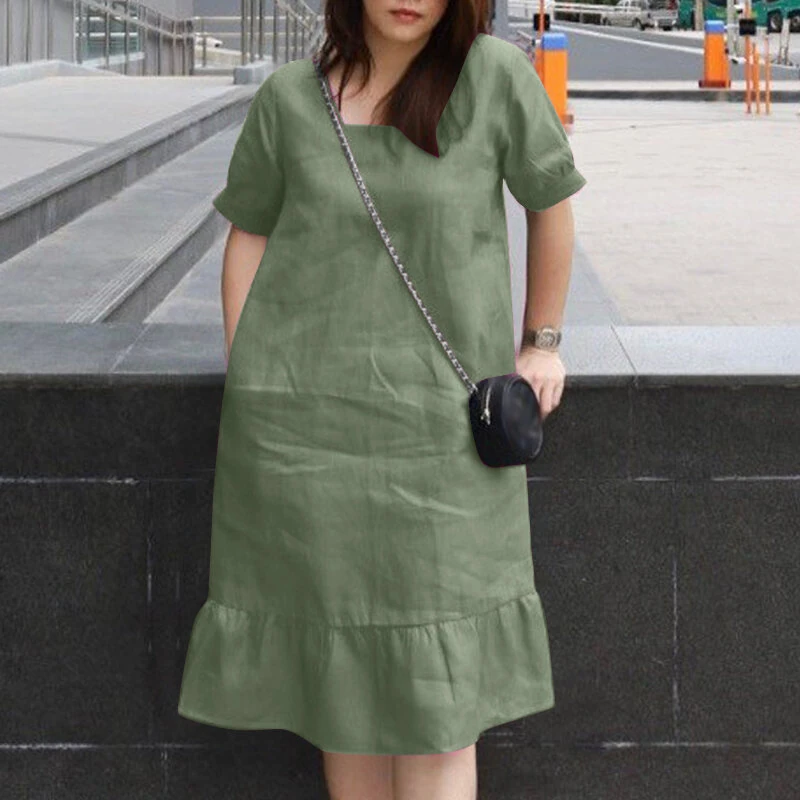 (image for)  Women's Dresses Summer Vintage Casual Lantern Sleeve Ruffled Trim Square Neck Loose Solid Dress