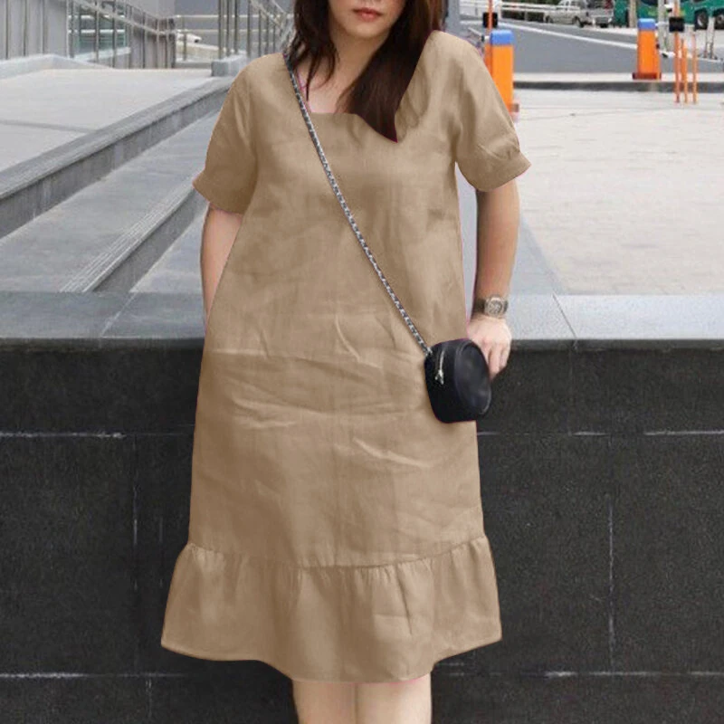 (image for)  Women's Dresses Summer Vintage Casual Lantern Sleeve Ruffled Trim Square Neck Loose Solid Dress