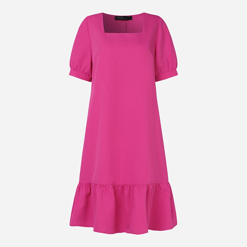 (image for)  Women's Dresses Summer Vintage Casual Lantern Sleeve Ruffled Trim Square Neck Loose Solid Dress