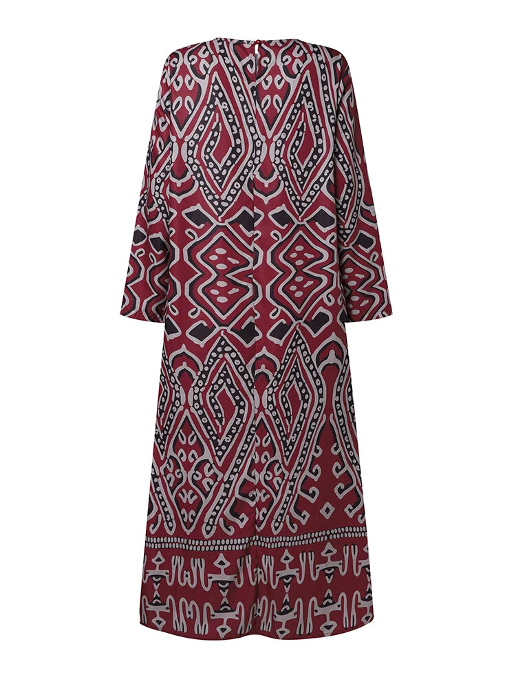(image for)  Womens Ethnic Long Dress Vintage Floral Casual Holiday Long Sleeve O-Neck Maxi Dress