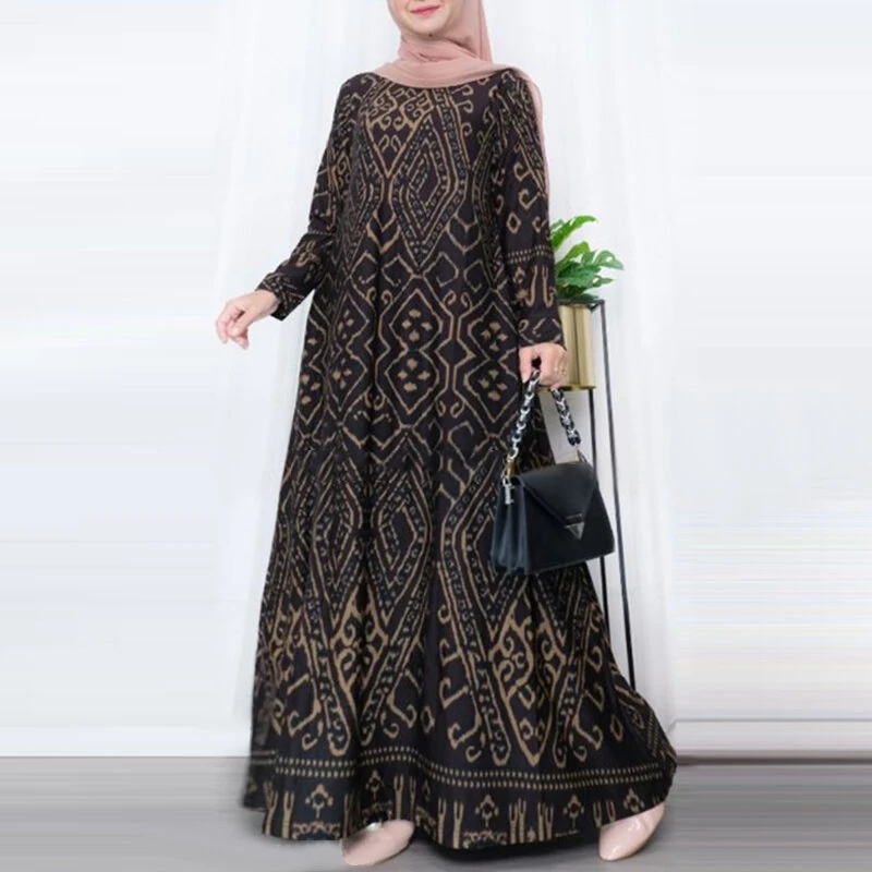 (image for)  Womens Ethnic Long Dress Vintage Floral Casual Holiday Long Sleeve O-Neck Maxi Dress