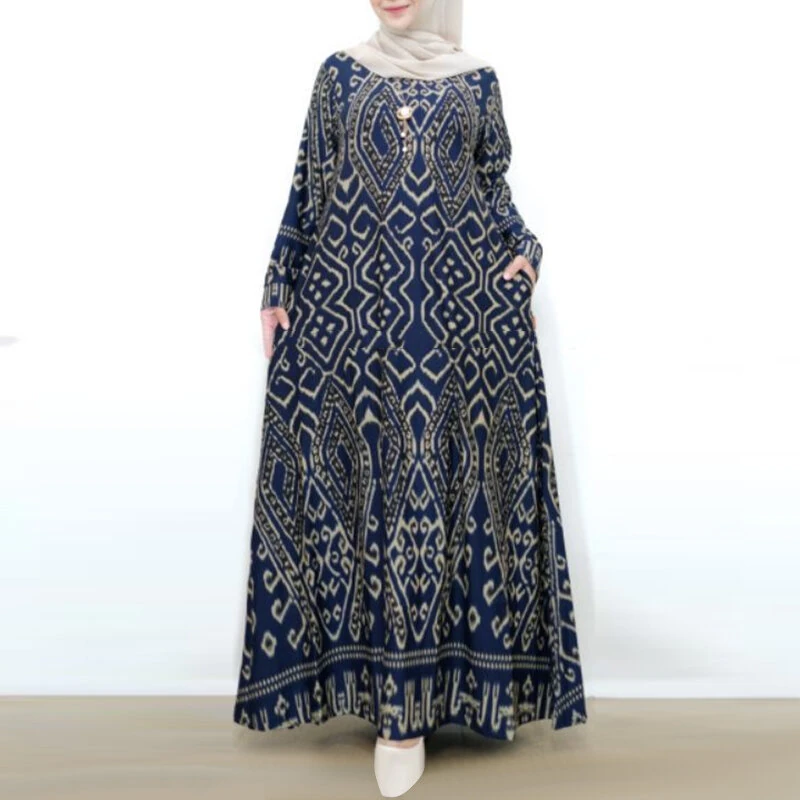 (image for)  Womens Ethnic Long Dress Vintage Floral Casual Holiday Long Sleeve O-Neck Maxi Dress