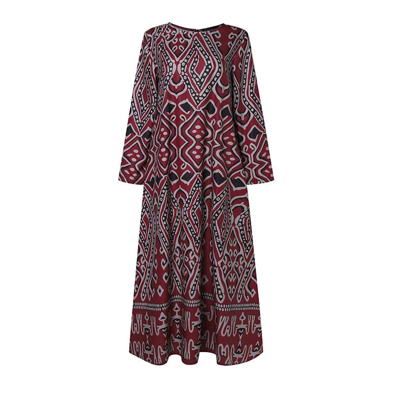 (image for)  Womens Ethnic Long Dress Vintage Floral Casual Holiday Long Sleeve O-Neck Maxi Dress