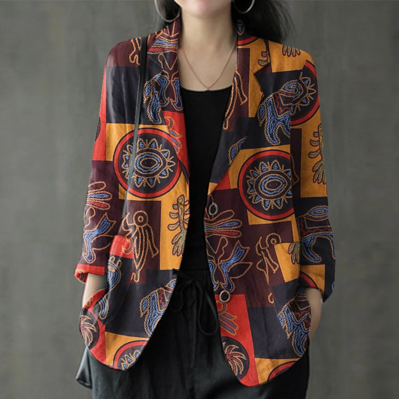 (image for)  Womens Ethnic Prints Blazer Vacation Thin Suit Coat Retro Lapel Cotton Linen Printing Long Sleeve Blazer