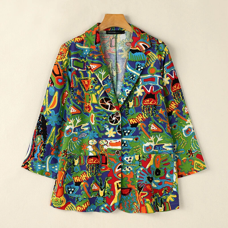 (image for)  Womens Ethnic Prints Blazer Vacation Thin Suit Coat Retro Lapel Cotton Linen Printing Long Sleeve Blazer