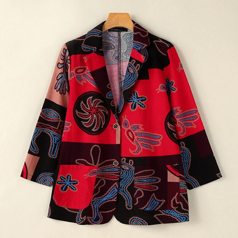 (image for)  Womens Ethnic Prints Blazer Vacation Thin Suit Coat Retro Lapel Cotton Linen Printing Long Sleeve Blazer
