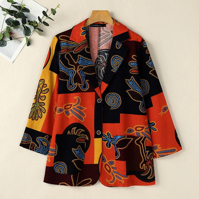 (image for)  Womens Ethnic Prints Blazer Vacation Thin Suit Coat Retro Lapel Cotton Linen Printing Long Sleeve Blazer