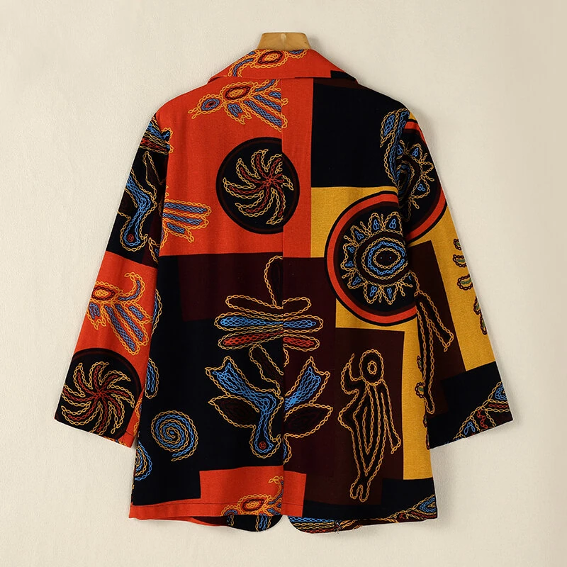 (image for)  Womens Ethnic Prints Blazer Vacation Thin Suit Coat Retro Lapel Cotton Linen Printing Long Sleeve Blazer