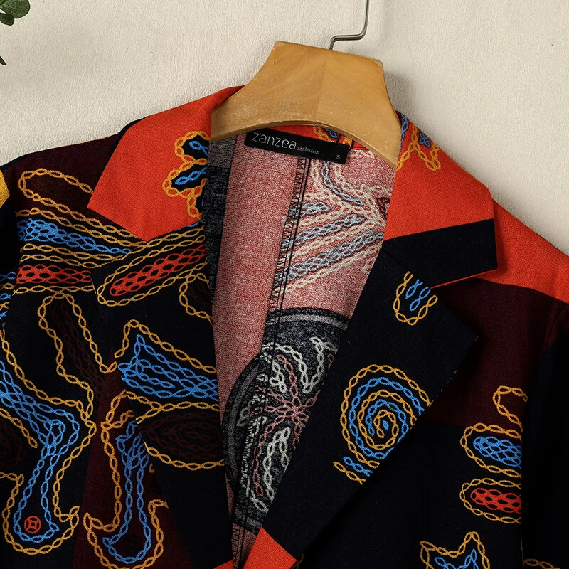(image for)  Womens Ethnic Prints Blazer Vacation Thin Suit Coat Retro Lapel Cotton Linen Printing Long Sleeve Blazer