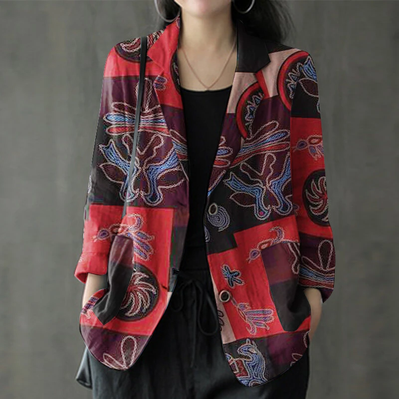(image for)  Womens Ethnic Prints Blazer Vacation Thin Suit Coat Retro Lapel Cotton Linen Printing Long Sleeve Blazer