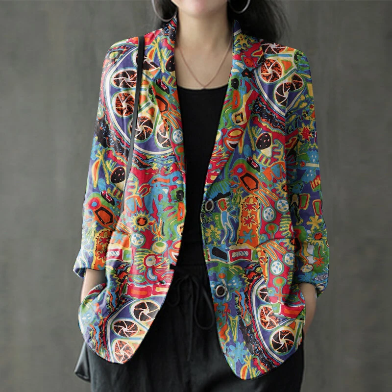 (image for)  Womens Ethnic Prints Blazer Vacation Thin Suit Coat Retro Lapel Cotton Linen Printing Long Sleeve Blazer