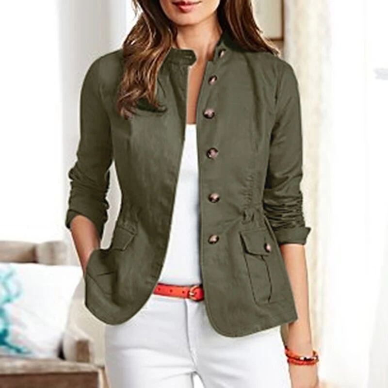 (image for)  Womens Fashion Button Down Front Side Pocket Outwear Casual Long Sleeve Stand Collar Jackets