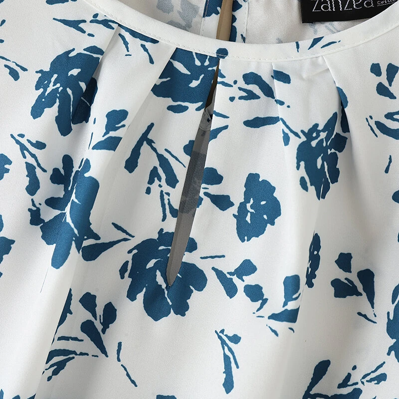 (image for)  Womens Floral Print Ruffled Open Round Neck Design Short Sleeve Shirts