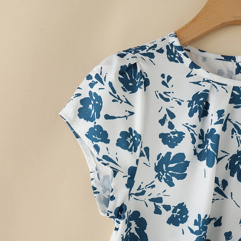 (image for)  Womens Floral Print Ruffled Open Round Neck Design Short Sleeve Shirts