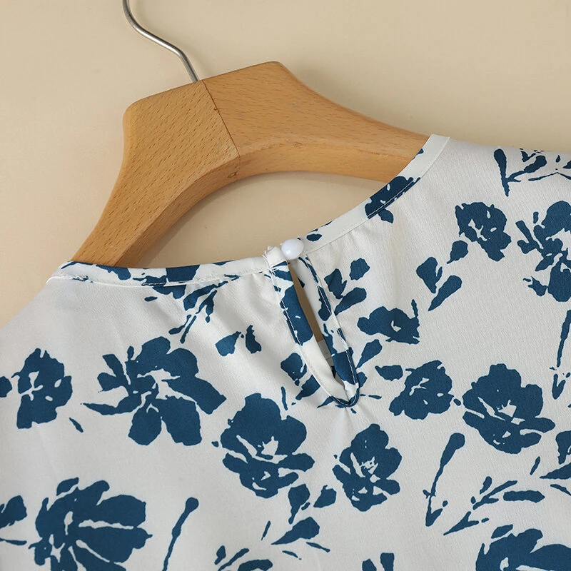 (image for)  Womens Floral Print Ruffled Open Round Neck Design Short Sleeve Shirts