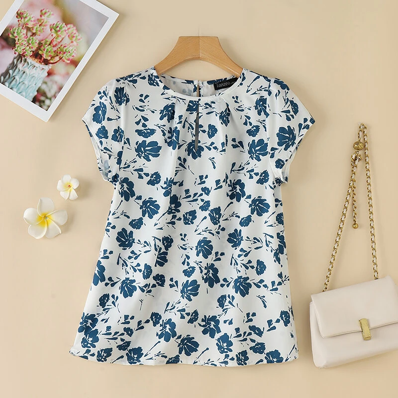 (image for)  Womens Floral Print Ruffled Open Round Neck Design Short Sleeve Shirts