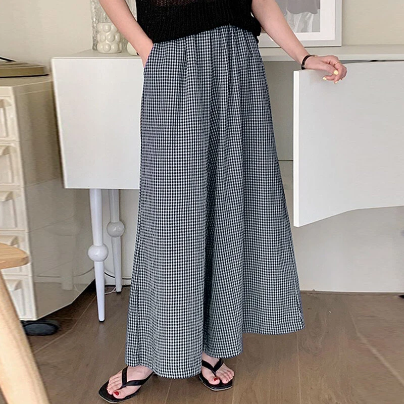 (image for)  Womens Geometric Printed Wide Leg Pants Vintage Elastic Waist Straight Pleated Trouser Loose Fit