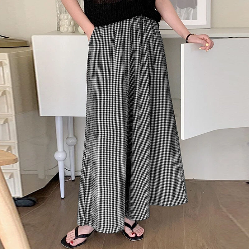 (image for)  Womens Geometric Printed Wide Leg Pants Vintage Elastic Waist Straight Pleated Trouser Loose Fit